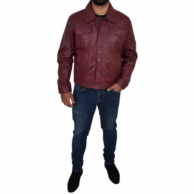 Mens Trucker Soft Leather Jacket Western Denim Style Coat Bond Burgundy Full