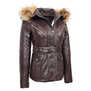 Womens Leather Jacket Brown Removable Hood Waist Belt Hip Length Duffle Eloise