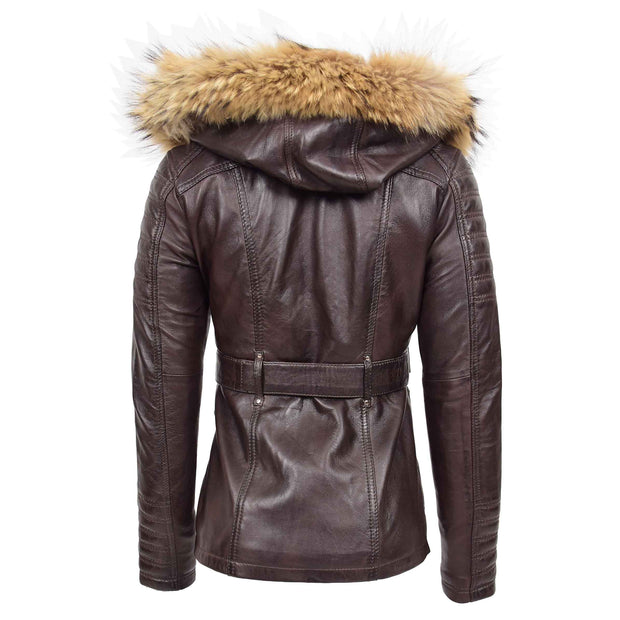 Womens Leather Jacket Brown Removable Hood Waist Belt Hip Length Duffle Eloise