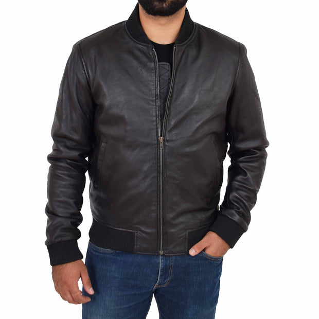 Mens Genuine Leather Bomber Jacket Varsity Coat Jaxson Black