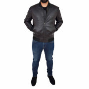 Mens Genuine Leather Bomber Jacket Varsity Coat Jaxson Black Full