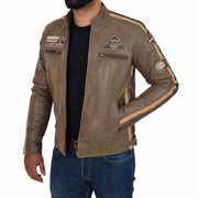 Mens Real Leather Biker Jacket Sports Badges Coat Saul Brown