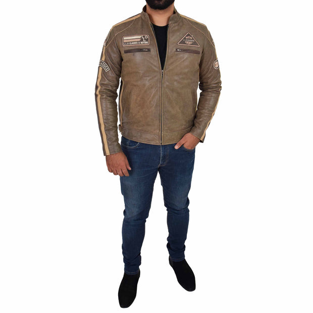 Mens Real Leather Biker Jacket Sports Badges Coat Saul Brown Full