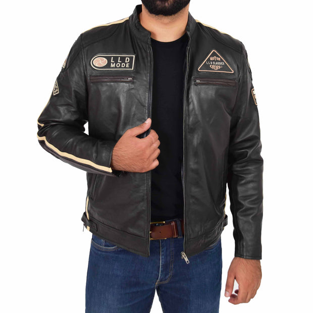 Mens Real Leather Biker Jacket Sports Badges Coat Saul Black