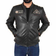 Mens Real Leather Biker Jacket Sports Badges Coat Saul Black Front 1
