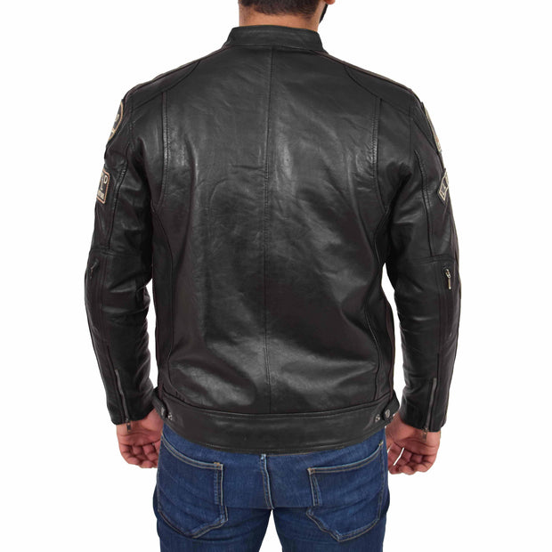 Mens Real Leather Biker Jacket Sports Badges Coat Saul Black Back