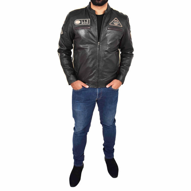 Mens Real Leather Biker Jacket Sports Badges Coat Saul Black Full