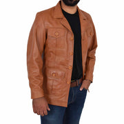 Mens Real Leather Safari Jacket Retro Blazer Coat Sylas Tan Open 1