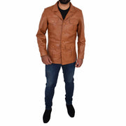 Mens Real Leather Safari Jacket Retro Blazer Coat Sylas Tan Full