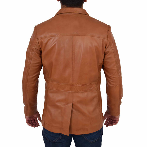 Mens Real Leather Safari Jacket Retro Blazer Coat Sylas Tan Back