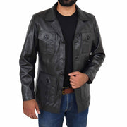 Mens Real Leather Safari Jacket Retro Blazer Coat Sylas Black Open 1