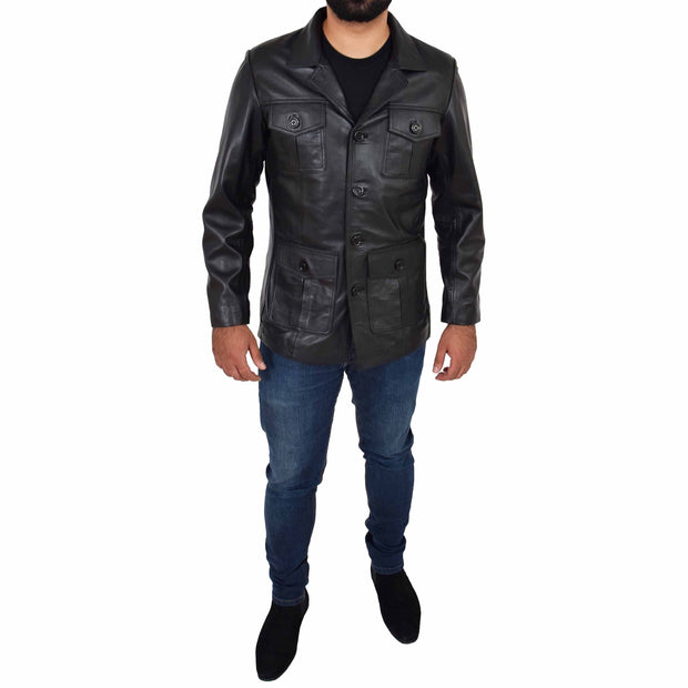 Mens Real Leather Safari Jacket Retro Blazer Coat Sylas Black Full