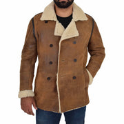 Mens Real Leather Jacket Double Breasted Pea Coat LORENZO Khaki 1