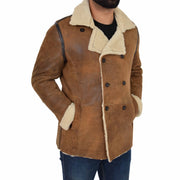 Mens Real Leather Jacket Double Breasted Pea Coat LORENZO Khaki 3