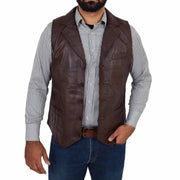 Mens Genuine Soft Leather Waistcoat Western Vest Yelek Rhys Brown Open