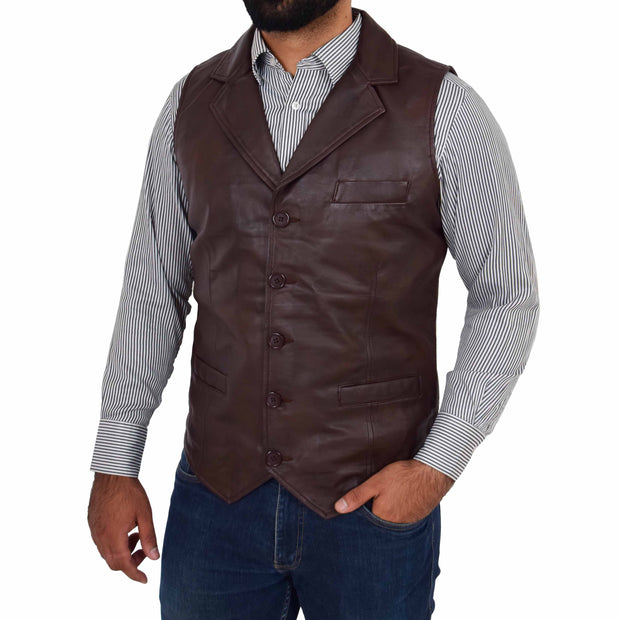 Mens Genuine Soft Leather Waistcoat Western Vest Yelek Rhys Brown