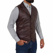 Mens Genuine Soft Leather Waistcoat Western Vest Yelek Rhys Brown Front 2