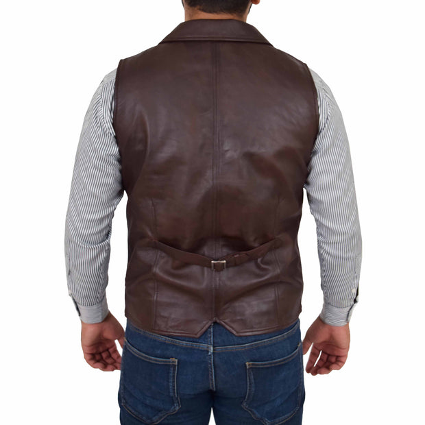 Mens Genuine Soft Leather Waistcoat Western Vest Yelek Rhys Brown Back