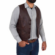 Mens Full Leather Waistcoat Gilet Traditional Smart Vest King Brown Open