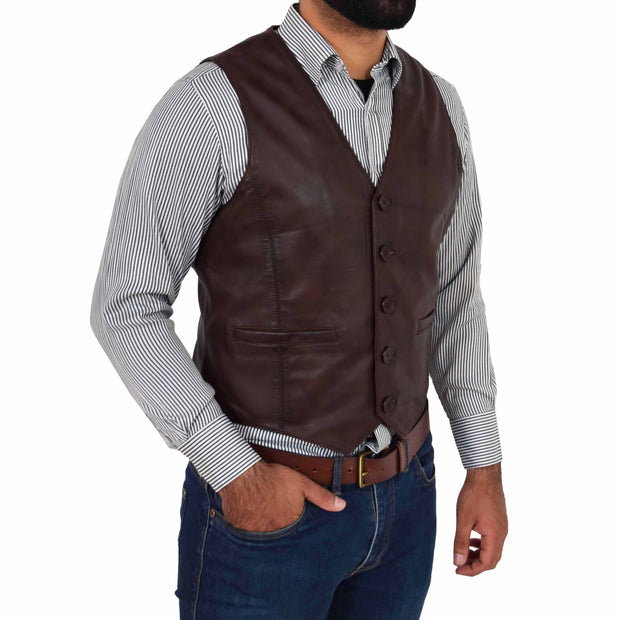 Mens Full Leather Waistcoat Gilet Traditional Smart Vest King Brown