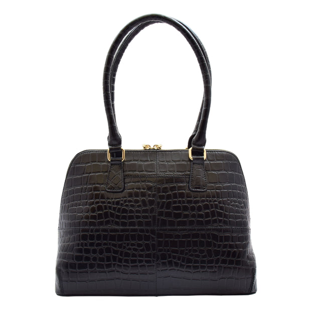 Womens Leather Handbag Doctor Shape Croc Print Hobo Bag Sara Black