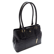 Womens Leather Shoulder Bag Croc Print Hobo Handbag Capri Black
