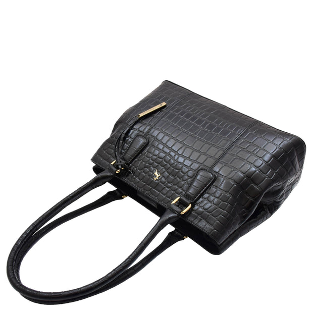 Womens Leather Shoulder Bag Croc Print Hobo Handbag Capri Black