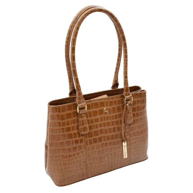 Womens Leather Shoulder Bag Croc Print Hobo Handbag Capri Tan