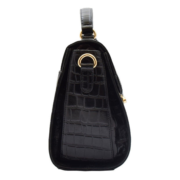 Womens Leather Handbag Top Handle Exclusive Croc Print Jordan Black