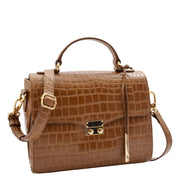 Womens Leather Handbag Top Handle Exclusive Croc Print Jordan Tan