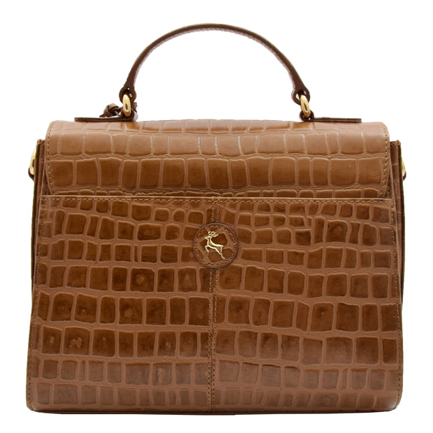 Womens Leather Handbag Top Handle Exclusive Croc Print Jordan Tan