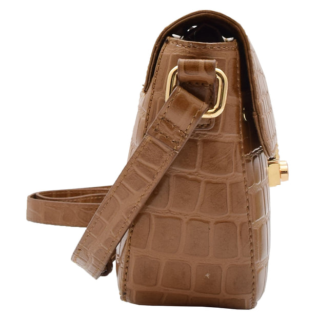 Womens Real Leather Handbag Croc Print Cross Body Bag Luna Tan