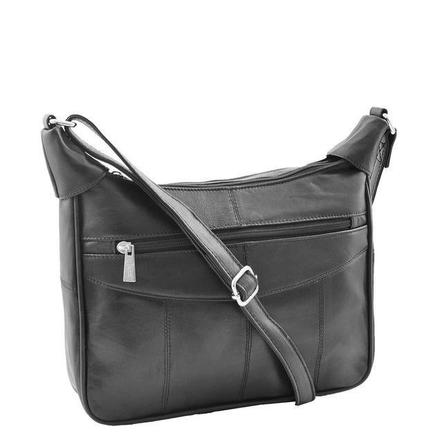 Ladies Soft Leather Crossbody Bag Twin Zip Top Everyday Organiser Bertha Black Front 2