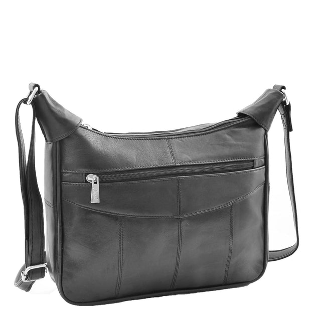 Ladies Soft Leather Crossbody Bag Twin Zip Top Everyday Organiser Bertha Black Front 1