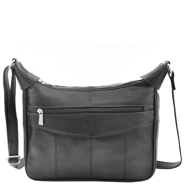 Ladies Soft Leather Crossbody Bag Twin Zip Top Everyday Organiser Bertha Black Front 3