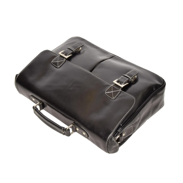 Mens Real BLACK Leather Briefcase File Case Satchel Bag Varna Front Letdown