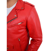 Genuine Cowhide Biker Jacket Heavy Duty Leather Brando Retro Coat Rock Red Feature