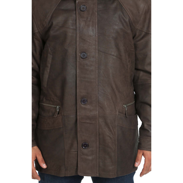Gents Classic Soft Leather Parka Overcoat Clive Brown Feature 2