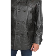 Mens Trench Leather Fitted Reefer Military Overcoat Ernest Brown Feature