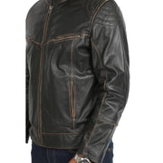 Mens Biker Style Leather Jacket Vintage Rub Off Effect Matt Brown feature view