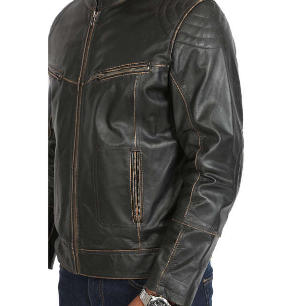 Mens Biker Style Leather Jacket Vintage Rub Off Effect Matt Brown feature view