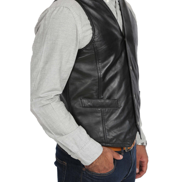 Mens Soft Leather Waistcoat Classic Gilet Bruno Black side view
