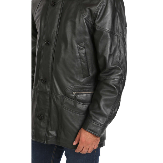Gents Classic Soft Leather Parka Overcoat Clive Black feature view