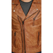 Mens Real Leather Biker Jacket Tan Zip Fasten Slim Fit Designer Coat Max Feature 1