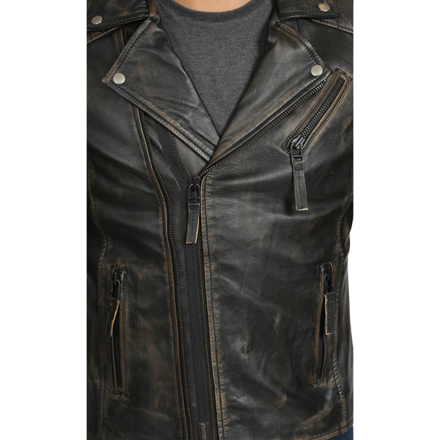 Mens Real Leather Biker Jacket Vintage Black Rub Off Slim Fit Coat Max Feature 2
