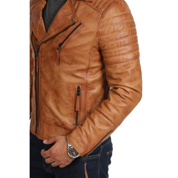Mens Real Leather Biker Jacket Tan Zip Fasten Slim Fit Designer Coat Max Feature 2