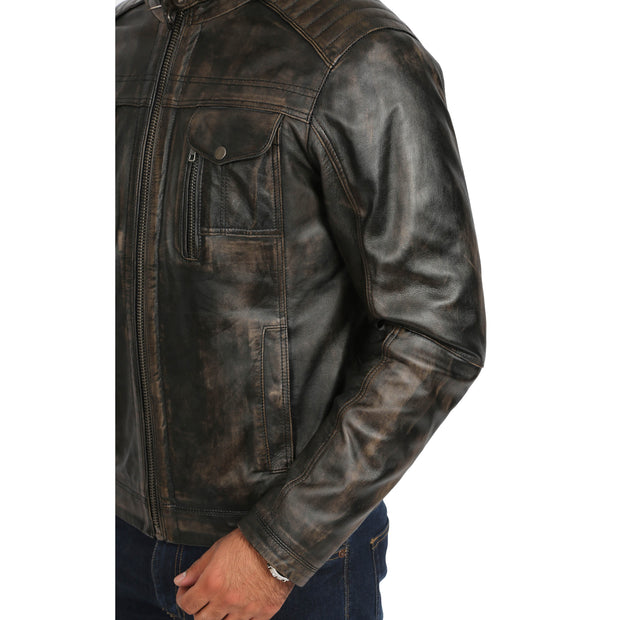 Mens Fitted Washed Biker Vintage Leather Aron Rub Off Feature