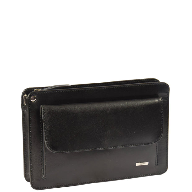 Mens Leather Wrist Bag Mobile Money Clutch A7 Black Front