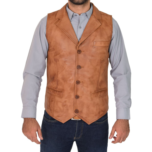Mens Genuine Soft Leather Waistcoat Western Vest Yelek Rhys Tan Front 3