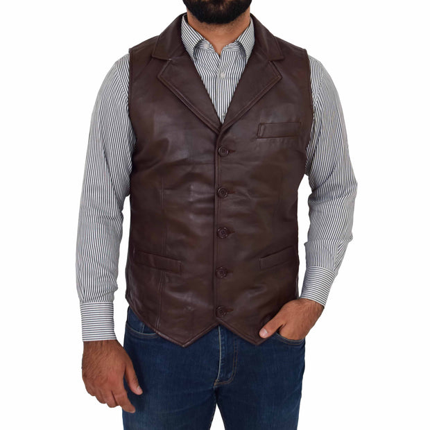 Mens Genuine Soft Leather Waistcoat Western Vest Yelek Rhys Brown Front 1